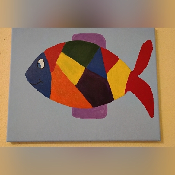 Handmade Other - Colorful Fish Canvas Wall Art Painting Kids Room Decor Whimsical Abstract Art